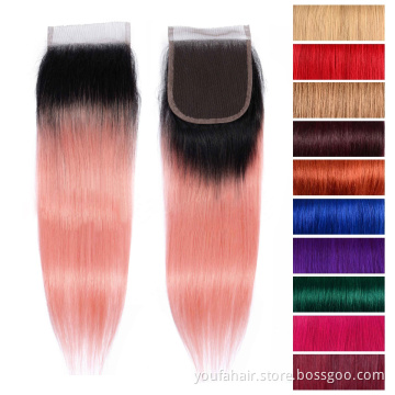Brazilian Straight Human Hair Lace Closure Non-Remy Hair Pre Colored Closures 4x4 Ombre 1B Goldpink Burg/99j/27/30 Plucked Hair